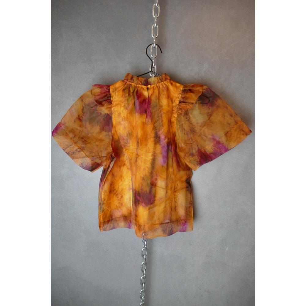 Marie Oliver Orange Abstract Floral Sheer Organza Ruffle Mock Neck Blouse XXS - Picture 7 of 10
